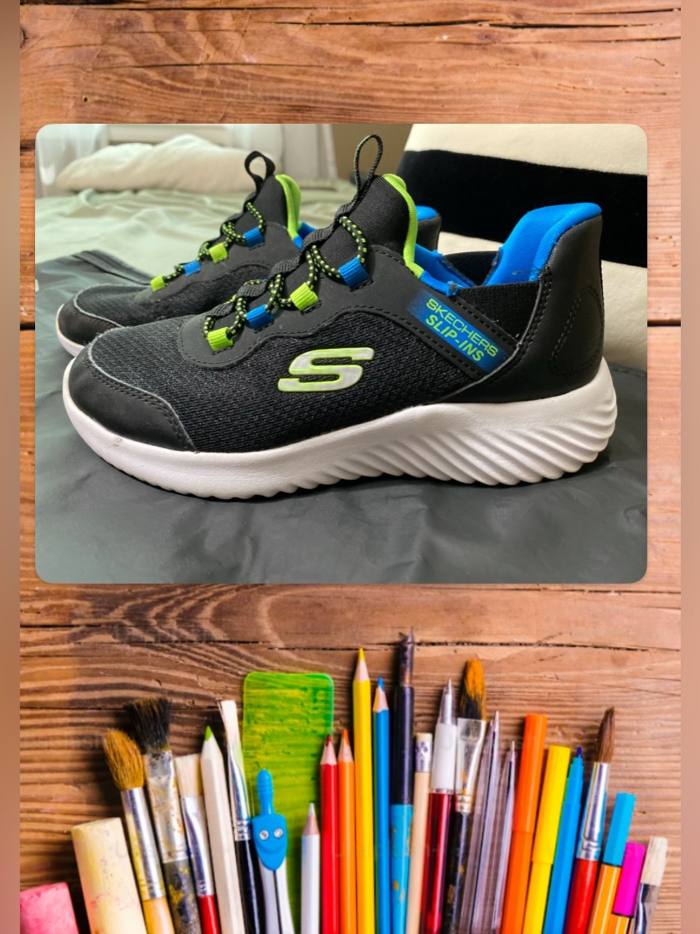 Skechers Kids Black Sneakers with Blue and Lime Accents